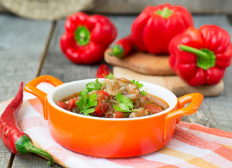 Chashushuli - spicy meat stew with vegetables. Georgian dishes.