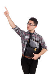 Young employee with briefcase isolated on white