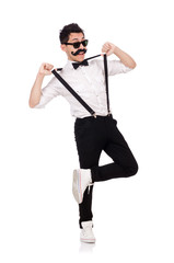 Young man with moustache isolated on white