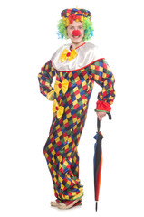 Clown with umbrella isolated on white