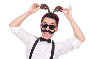 Funny whiskered man with horns isolated on white