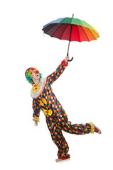 Clown with umbrella isolated on white