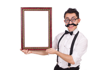 Young man with frame isolated on white
