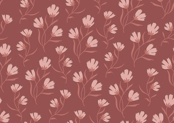Seamless pattern autumn flowers colored in modern marsala