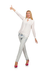 Pretty woman in blue jeans  isolated on white