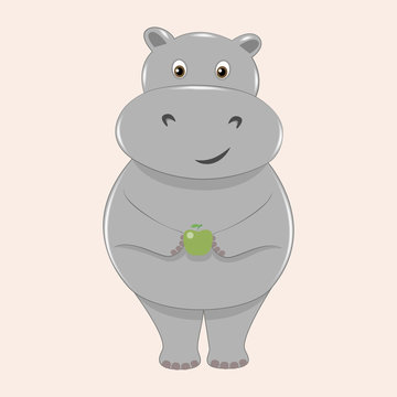 Cute smiling hippo with an apple