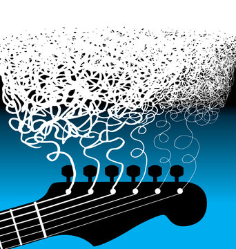 A guitar headstock whose messy strings scribble a gradient to white