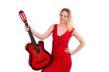 Fototapeta premium Pretty girl holding guitar isolated on white