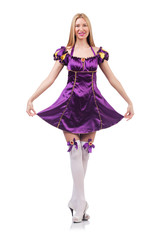 Naklejka premium Cute girl in purple masquerade dress isolated on white