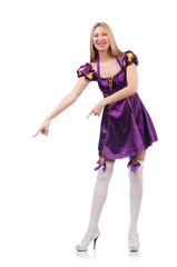 Cute girl in purple masquerade dress isolated on white