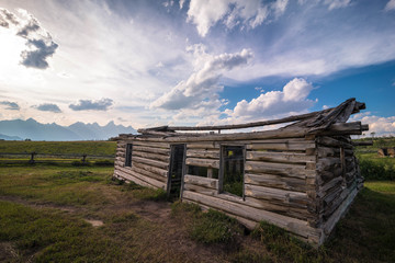 The cabin where the movie Shane was filmed with the Grand Tetton National Park in the backdrop. 