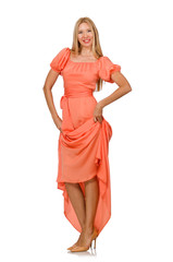 Young woman in pink romantic dress isolated on white