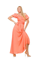 Young woman in pink romantic dress isolated on white