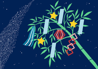 七夕の笹飾りと夜空の天の川のイラスト