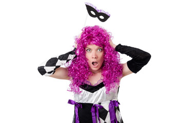 Pretty girl in jester costume isolated on white