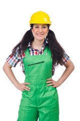 Female workman in green overalls isolated on white