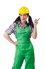 Female workman in green overalls isolated on white