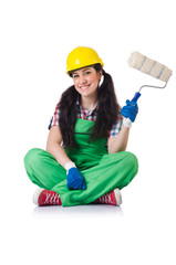 Female workman in green overalls isolated on white