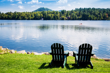 Adirondack chairs. Mirror Lake, Lake Placid New York. Summer, vacation, outdoors, travel, explore, nature, camping, lake and mountain vacation concept