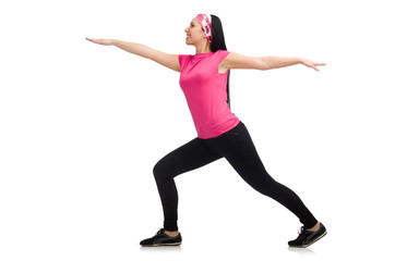 Woman doing exercises on white