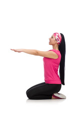 Woman doing exercises on white