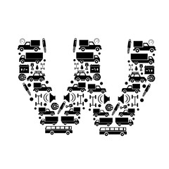 Abstract vector alphabet - W made from car icon - alphabet set