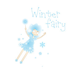 Vector winter card with cartoon  winter fairy in a dress from snowflakes. Snow hairdress and magic wand.