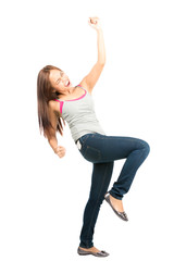 Naklejka premium Eyes Closed Asian Woman Fist Raised Celebration