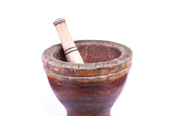 wooden mortar and pestle isolated on white background