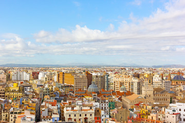 Aerial view on city landmarks of Valencia, Spain. Colorful urban architecture of European city.