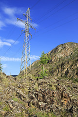 Obraz premium High voltage power lines in Altai Mountains