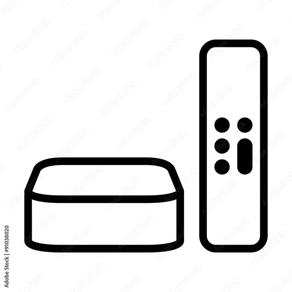 Poster digital media player setup box with remote line art icon for apps and websites