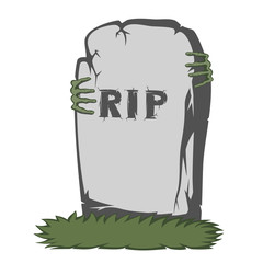 A gray gravestone with grass and RIP text and scary fingers
