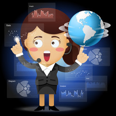 business woman with globe working with data processing