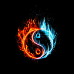 Fire burning Yin Yang with black background