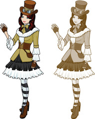 Steampunk beautiful girl in vintage victorian style dress and hat with goggles 