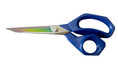 Scissors isolated on a white background  with clipping path. Closeup with no shadows. Scissors with blue pen.  Closed scissors.  Party 2.