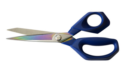 Scissors isolated on a white background  with clipping path. Closeup with no shadows. Scissors with blue pen.  Еxposed scissors.  Party 1. 