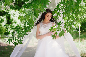 Beautiful happy young brunette bride outdoors in wedding dress,hairstyle, make-up, wedding,...