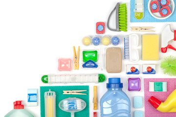 cleaning supplies on white background