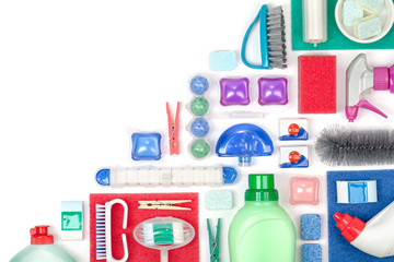 cleaning supplies on white background
