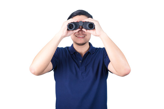 Asian Guy Holding Binoculars, Isolated On A White Background.