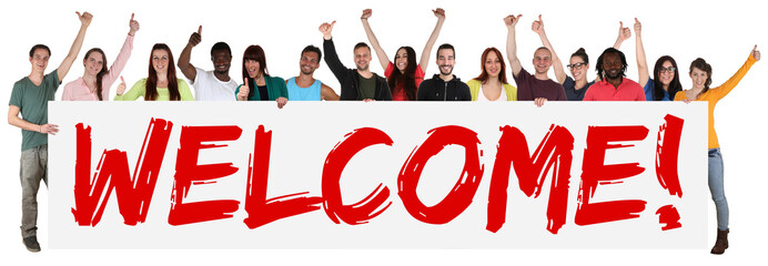 Welcome sign group of young multi ethnic people holding banner © Markus Mainka