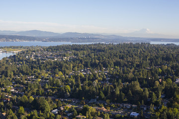 Aerial of a North Seattle Neighborhood, Lake Washington and Mt Rainier Background