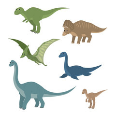 Cartoon set diplodocus plesiosaur pterosaur triceratops tyrannosaurus velociraptor © airindizain