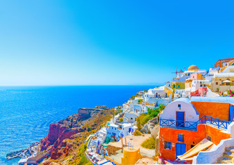Naklejka premium View to the sea from Oia the most beautiful village of Santorini island in Greece