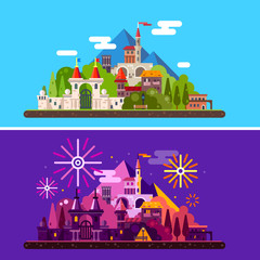 Naklejka premium Magic landscape with ancient medieval castle in mountains. Day and night. Festival, carnival, fireworks, lights. Vector flat illustration