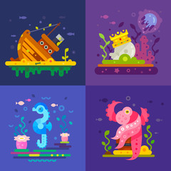Sea life: a sunken ship, treasure at the bottom, octopus, fish, sea horse. Vector flat Illustrations