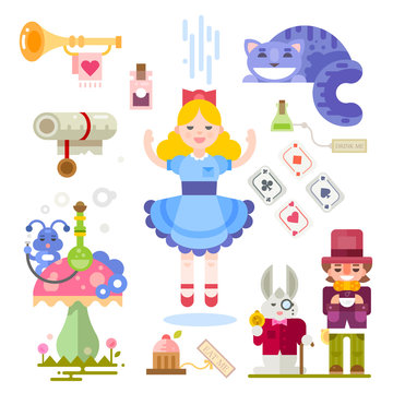 Alice in Wonderland. Fairy tale characters illustration. Characters people, playing cards, bottles, cat, mushroom, caterpillar. Vector flat illustrations