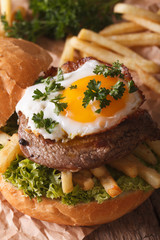 Sandwich with steak, fried egg and French fries close-up. vertical
